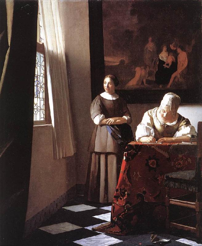 VERMEER VAN DELFT, Jan Lady Writing a Letter with Her Maid ar oil painting image